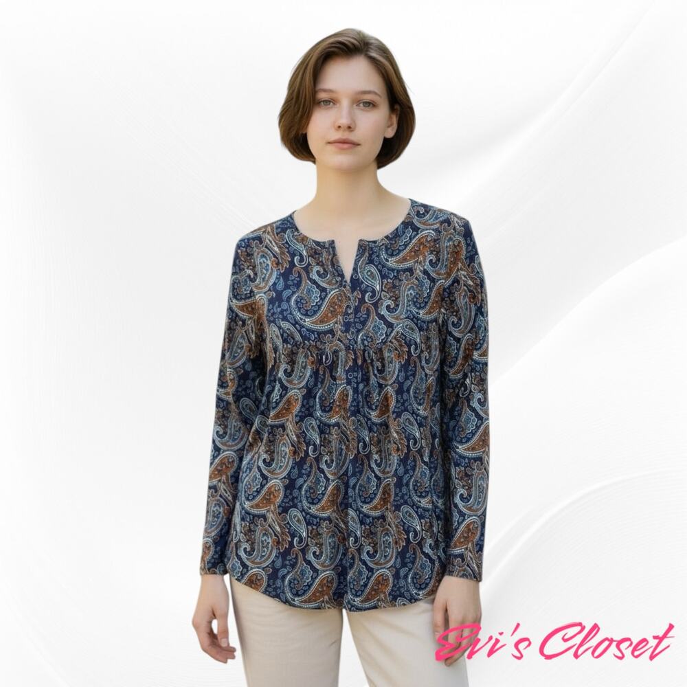 a Jesdani Women's Blouse Top Tunic Sz L. Paisley Henley NeckSuper Soft NWT